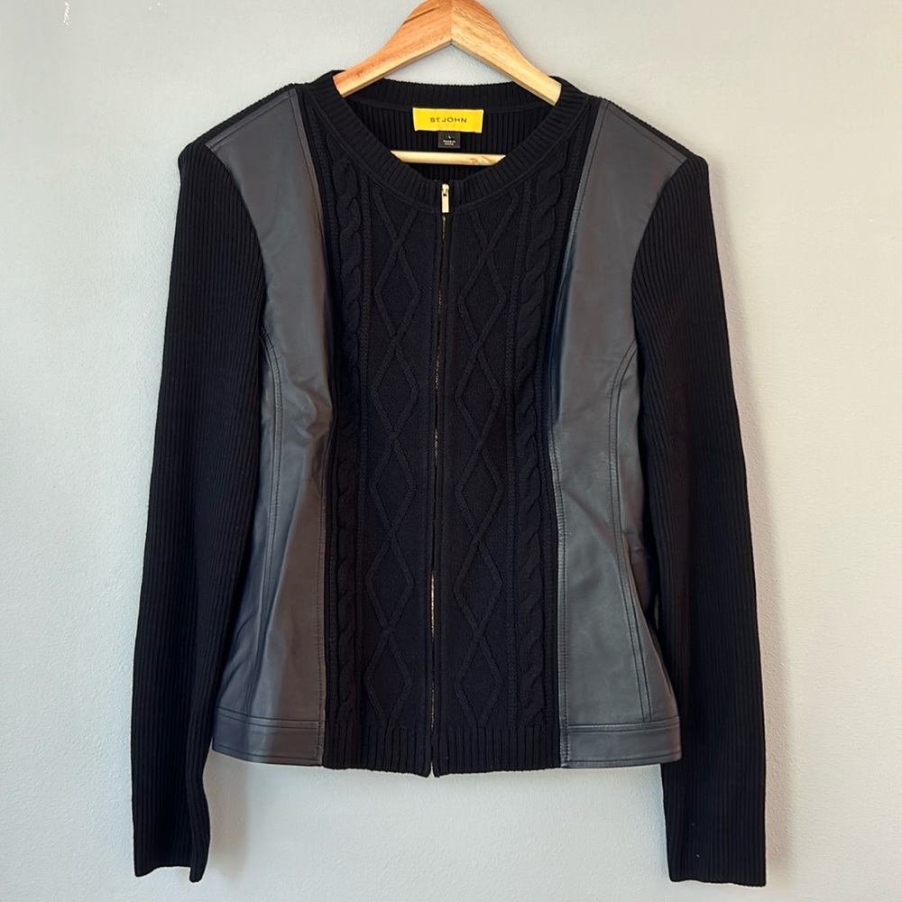 St John • Genuine Leather, Wool & Silk Dark Navy Blue Sweater Jacket Size Large